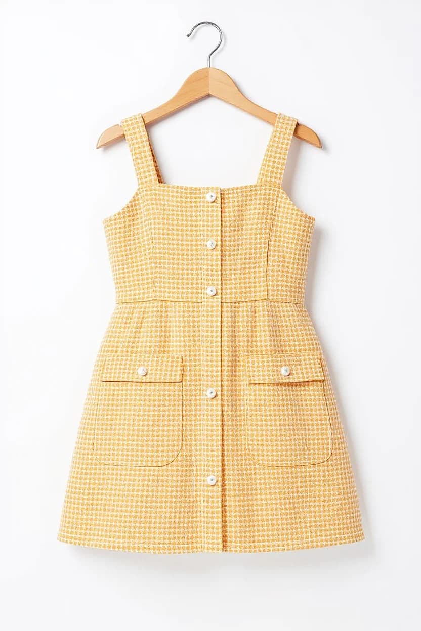 A yellow and white checkered sundress hanging on a wooden hanger against a white background. The dress features a button-down front with white buttons, wide shoulder straps, and a fitted waist. Two large patch pockets are positioned at hip level, each secured with white buttons. The dress has a knee-length skirt and is made from a textured cotton fabric with a small grid pattern. The wooden hanger has a silver metal hook at the top. The dress is photographed straight-on, centered in the frame, with clean studio lighting that highlights the garment's details and texture.