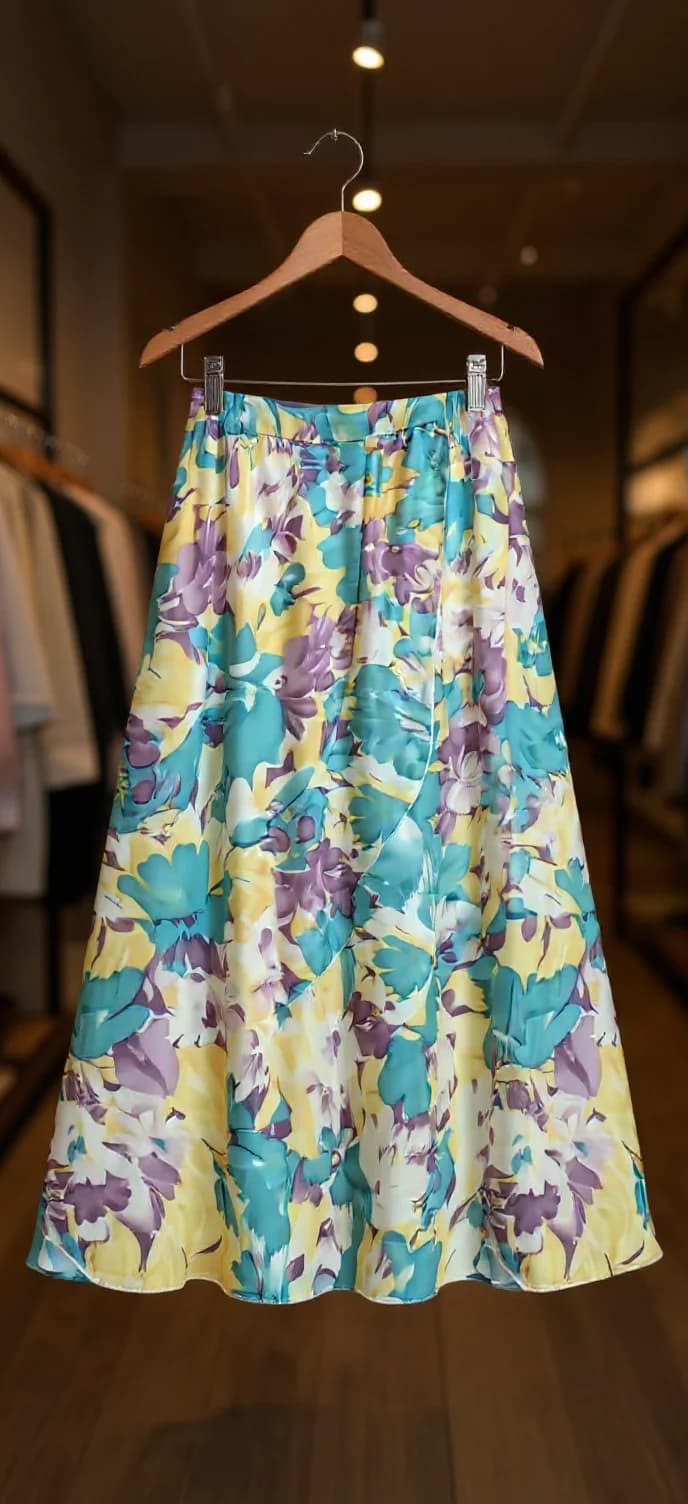 A floral midi skirt hanging on a wooden hanger in a retail clothing store setting. The skirt features a vibrant watercolor-style print with turquoise blue, yellow, and purple flowers scattered across a light background. The skirt has a full, flowing A-line cut that extends below the knee. The fabric is a lightweight, semi-sheer material with a subtle sheen. The skirt is displayed against a blurred background of retail store shelving and clothing racks. The lighting in the store creates a warm, golden ambiance with recessed ceiling lights visible in the background. The skirt is suspended in the center of the frame, showing its complete circular shape and maintaining its natural drape.