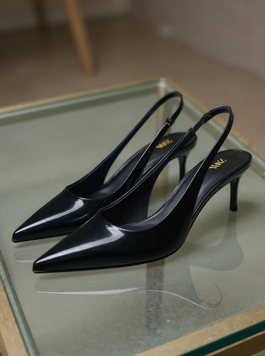 A high-quality product photograph of a pair of black patent leather slingback heels on a reflective glass surface. The shoes have a pointed toe, slim stiletto heel 3 inches tall, and a slingback strap design. The leather has a high-gloss finish that creates a mirror-like reflection on the glass surface. The shoes are positioned at a slight angle, with the right shoe slightly behind the left. The background is softly blurred in neutral tones, creating a professional studio atmosphere. The lighting is soft and even, highlighting the smooth surface of the patent leather. The image is cropped to focus solely on the shoes, with the glass surface creating a subtle reflection effect beneath the footwear.