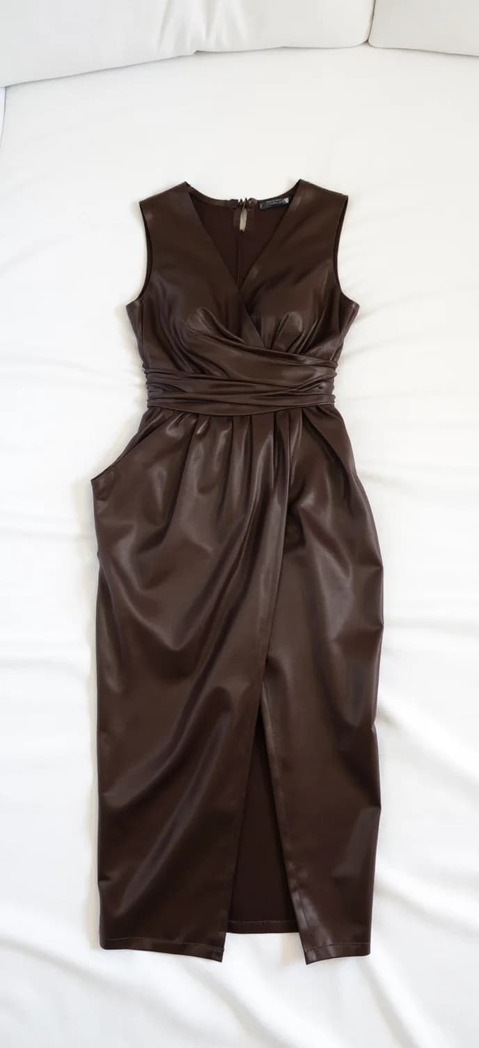 A brown leather cocktail dress photographed on a white bedsheet background. The dress features a V-neckline, sleeveless design, and a fitted waist with a wrap-style draping detail. The fabric has a smooth, leather-like texture with subtle sheen. The dress has a fitted bodice that flows into a pencil-style skirt that ends at knee length. The skirt portion has dramatic side draping that creates elegant folds and shadows in the material. The dress is centered on the white bedding, which has visible wrinkles and folds from being used as a backdrop. The lighting is even and soft, highlighting the rich chocolate-brown color of the dress against the stark white background.