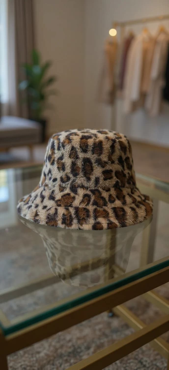 A close-up photograph of a leopard print bucket hat displayed on a glass surface. The hat has a plush, fuzzy texture with a classic brown and tan leopard pattern. The brim of the hat is curved and made of the same material as the crown. The background is softly blurred, showing a retail setting with beige walls and clothing racks visible in the distance. A green potted plant is partially visible in the background. The lighting is warm and natural, creating subtle reflections on the glass surface beneath the hat. The image has a shallow depth of field, with the hat in sharp focus while the background elements are out of focus.