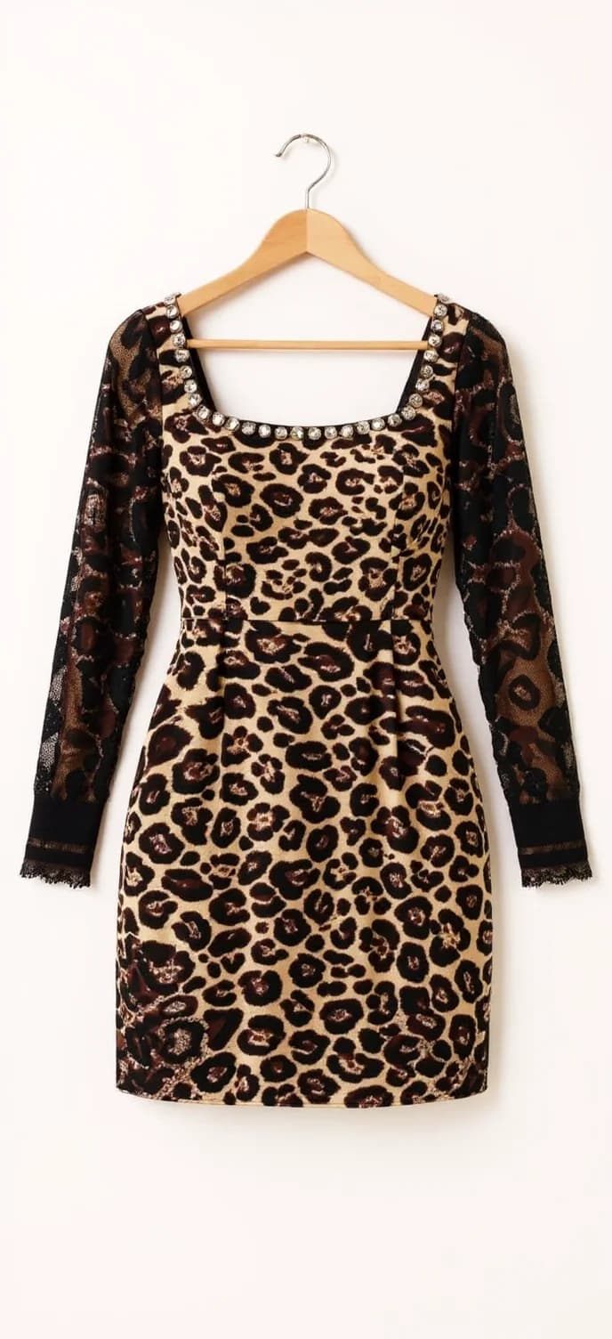 A product photo of a fitted mini dress hanging on a wooden hanger against a plain white background. The dress features a leopard print pattern in tan and black spots across the bodice, with semi-sheer black lace sleeves. The dress has a square neckline trimmed with small silver rhinestones along the edge. The bodice is form-fitting with a natural waist, and the skirt portion is a short length ending above the knee. The sleeves are three-quarter length and made of black floral lace with a semi-transparent quality. The dress is photographed straight-on, centered in the frame, with the wooden hanger casting a subtle shadow beneath it. The lighting is bright and even, creating clear visibility of the dress's details and patterns.