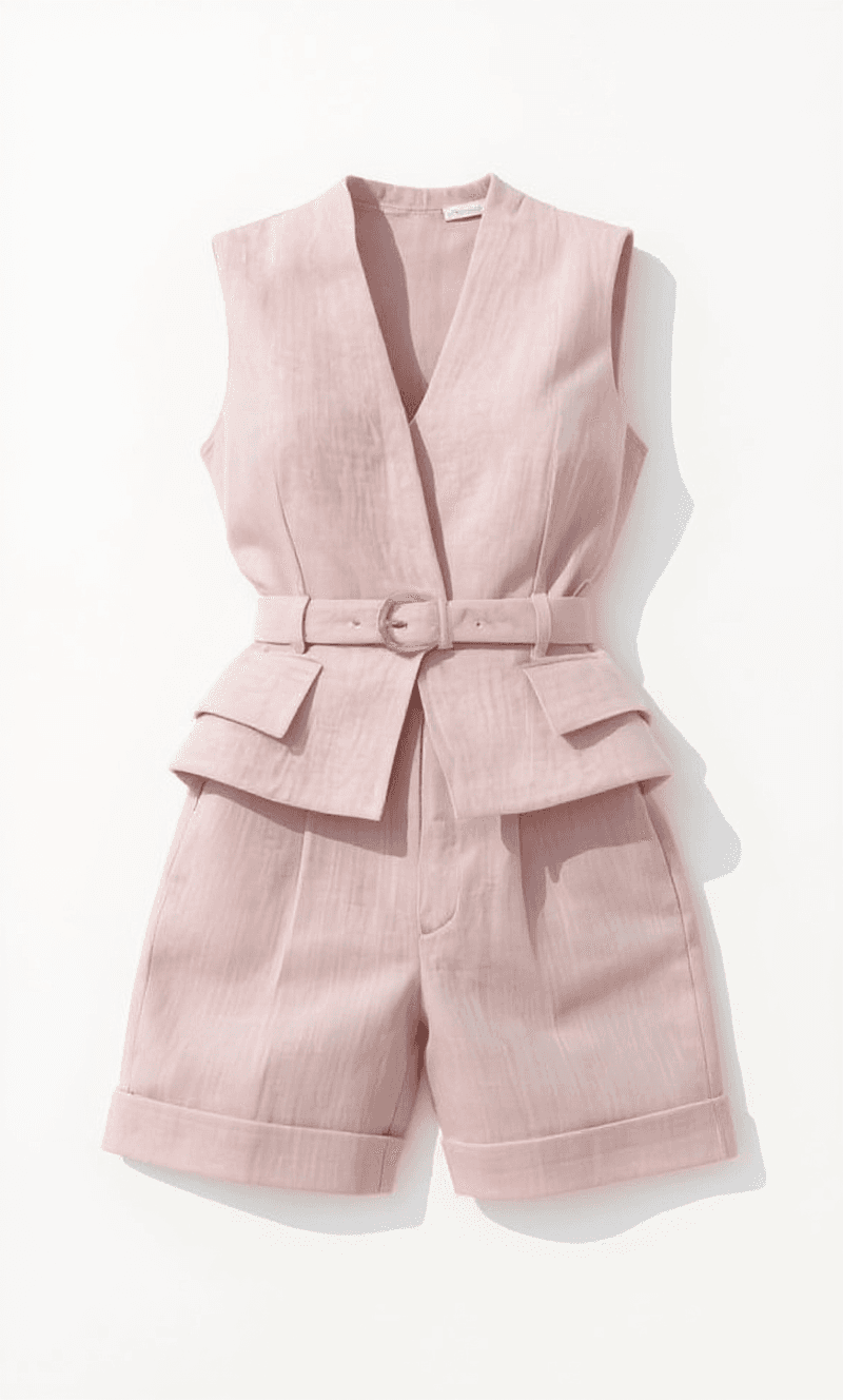 A light pink linen two-piece set photographed against a white background with a shadow cast to the right. The set consists of a sleeveless vest with a deep V-neck and a matching pair of shorts. The vest features a peplum waist design with gathered fabric and a gold-toned belt buckle. The shorts have a relaxed fit with rolled-up cuffs at the hem. The fabric has a subtle texture characteristic of linen material. The garment is styled as a coordinated set with matching colors and textures throughout. The image is a product photo with clean, minimalist styling against the stark white backdrop.