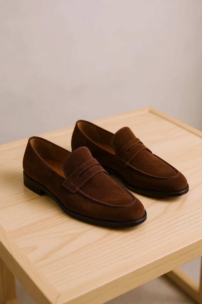 A product photography shot of a pair of brown suede penny loafers placed on a light wooden table. The shoes are positioned at a slight angle, with the left shoe slightly behind the right. The loafers feature a classic penny strap design across the vamp and have a low black rubber sole. The suede material has a soft, matte texture with visible natural fiber patterns. The shoes cast subtle shadows on the light-colored wooden surface. The background is a plain off-white wall that's slightly out of focus. The lighting is soft and natural, highlighting the rich brown tones of the suede material. The composition is minimalist and clean, with the shoes being the sole focus of the image.