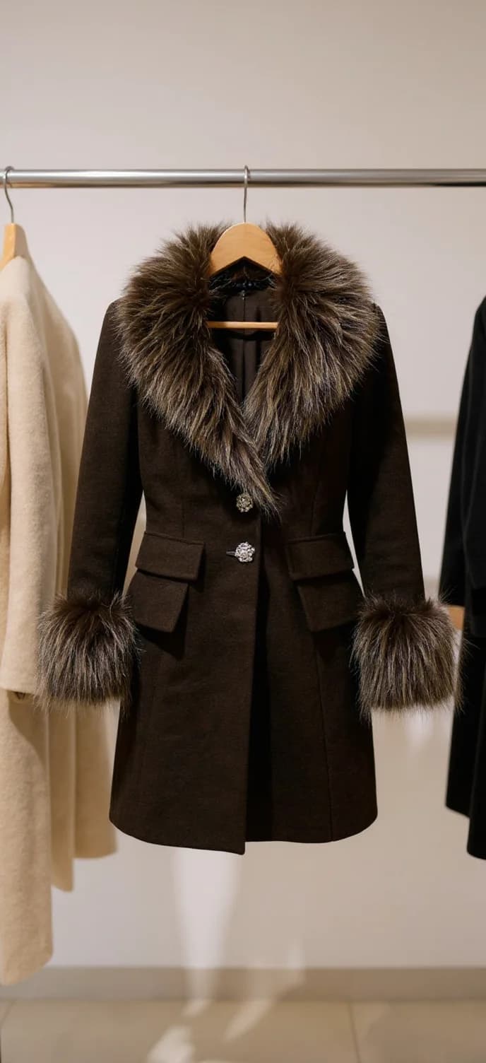 A high-quality product photograph of a luxury winter coat hanging on a wooden hanger against a plain white wall. The coat is dark brown wool with a dramatic silver-gray fur collar and fur trim on the cuffs. The coat features a fitted silhouette with structured shoulders, two front pockets with flaps, and a single decorative button closure. The fur trim is thick and plush, with a natural variation in coloring from light gray to darker brown. The coat is displayed on a wooden clothes rack, with a cream-colored garment partially visible on the left side and a black garment partially visible on the right side. The lighting is soft and even, creating subtle shadows that emphasize the coat's tailored construction. The image is cropped to show the full length of the coat from the shoulders to the bottom hem.