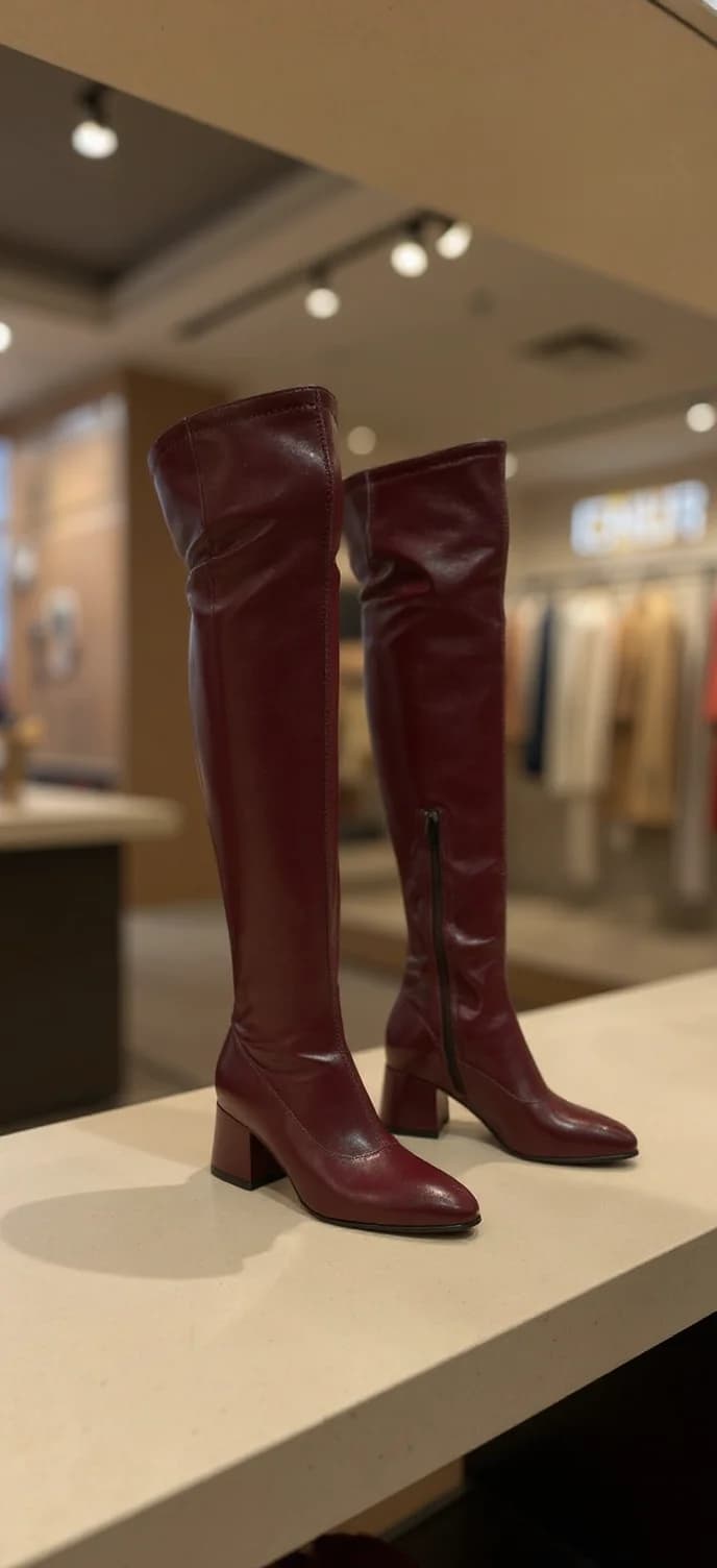 A product photography shot of burgundy leather knee-high boots displayed on a white retail display counter. The boots have a sleek, modern design with a pointed toe and chunky heel 2.5 inches in height. The boots feature a side zipper closure and a smooth, matte leather texture. The background is softly blurred, showing a retail store interior with track lighting on the ceiling casting warm spotlights. The store's walls are painted in a warm beige tone. The boots are positioned at a slight angle on the white counter surface, casting subtle shadows beneath them. The image has a shallow depth of field, with the boots in sharp focus while the store interior remains pleasantly out of focus in the background.