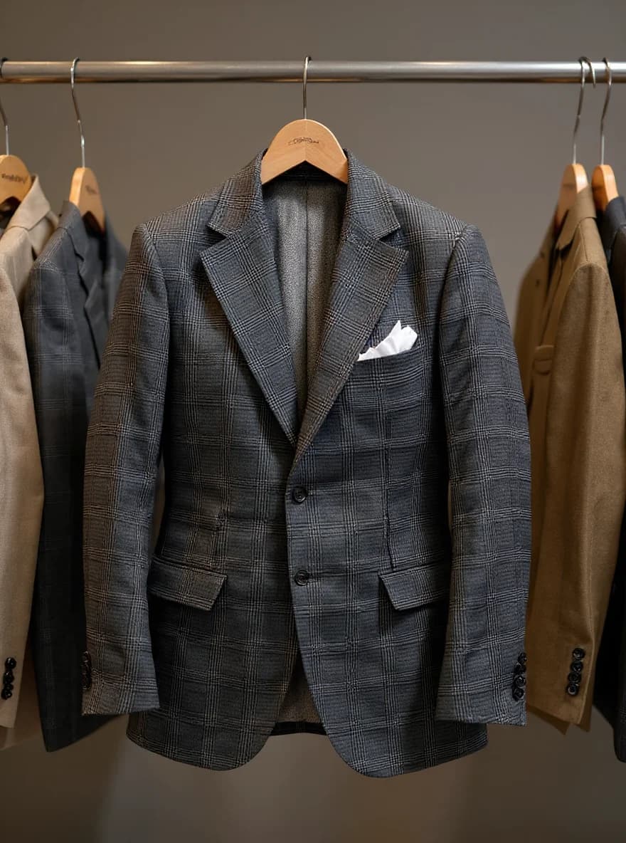 A professional photograph of a gray plaid suit jacket hanging on a wooden hanger against a neutral brown background. The jacket features a classic two-button design, notched lapels, and a white pocket square in the breast pocket. The plaid pattern consists of dark gray and light gray lines creating a subtle checkered texture throughout the fabric. The jacket is displayed on a wooden clothes rack among other garments, with parts of other jackets visible on the sides - including a tan/beige jacket on the right and a dark jacket on the left. The lighting is soft and even, highlighting the texture and details of the suit jacket. The image has a shallow depth of field, with the focus on the central gray plaid jacket.