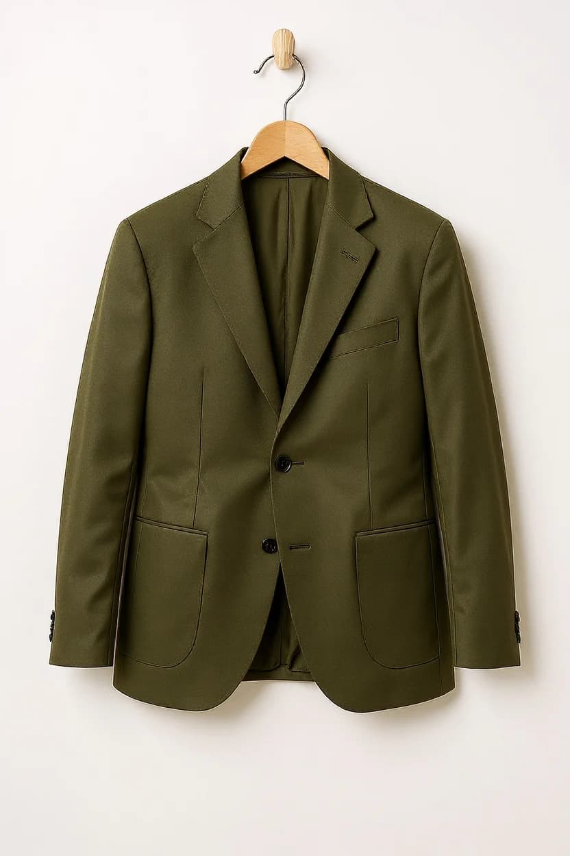Product photo used for Elegant Milan Look: Olive Suit, Cream Pants & Loafers