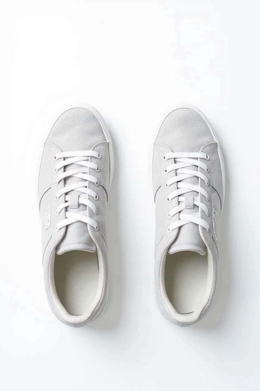 A top-down view of a pair of light gray suede sneakers photographed against a pure white background. The sneakers are positioned symmetrically in the center of the frame, with both shoes facing directly upward. The shoes feature white laces arranged in a crisscross pattern through white metal eyelets. The sneakers have a low-top design with a white rubber sole. The interior of the shoes is visible, showing a cream-colored lining. The suede material has a soft, textured appearance with subtle variations in the gray coloring. The lighting is even and soft, creating minimal shadows beneath the shoes. The image has a minimalist, clean aesthetic with ample white space around the subject matter.
