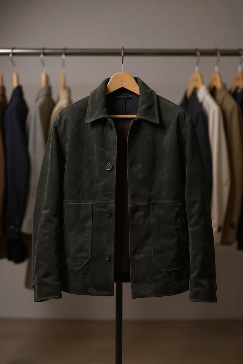 A professional product photography shot of a dark olive green suede work jacket hanging on a wooden hanger against a blurred clothing rack background. The jacket features a collar, button closures, chest pockets, and a utilitarian design. The wooden hanger has a natural finish and is suspended from a metal clothing rod. In the background, there are multiple other garments hanging on wooden hangers, creating a soft bokeh effect. The image has a moody, editorial quality with muted tones and shallow depth of field. The lighting is soft and directional, creating subtle shadows that emphasize the texture of the suede material. The composition is centered, with the jacket taking up approximately two-thirds of the frame, while the blurred background fills the remaining space.