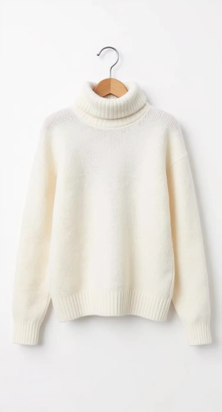 A high-quality product photo of a cream-colored turtleneck sweater hanging on a wooden hanger against a plain white background. The sweater is made of a thick knit wool material with a classic ribbed turtleneck collar, long sleeves, and ribbed hem. The sweater has a relaxed, boxy silhouette with dropped shoulders and long sleeves. The wooden hanger has a natural finish and a curved hook at the top. The sweater's knit pattern shows a uniform texture throughout, with visible ribbing details at the neck, cuffs, and waistband. The lighting is soft and even, creating subtle shadows that highlight the sweater's dimensional texture. The image is cropped to show the full length of the sweater from the wooden hanger to the bottom hem.