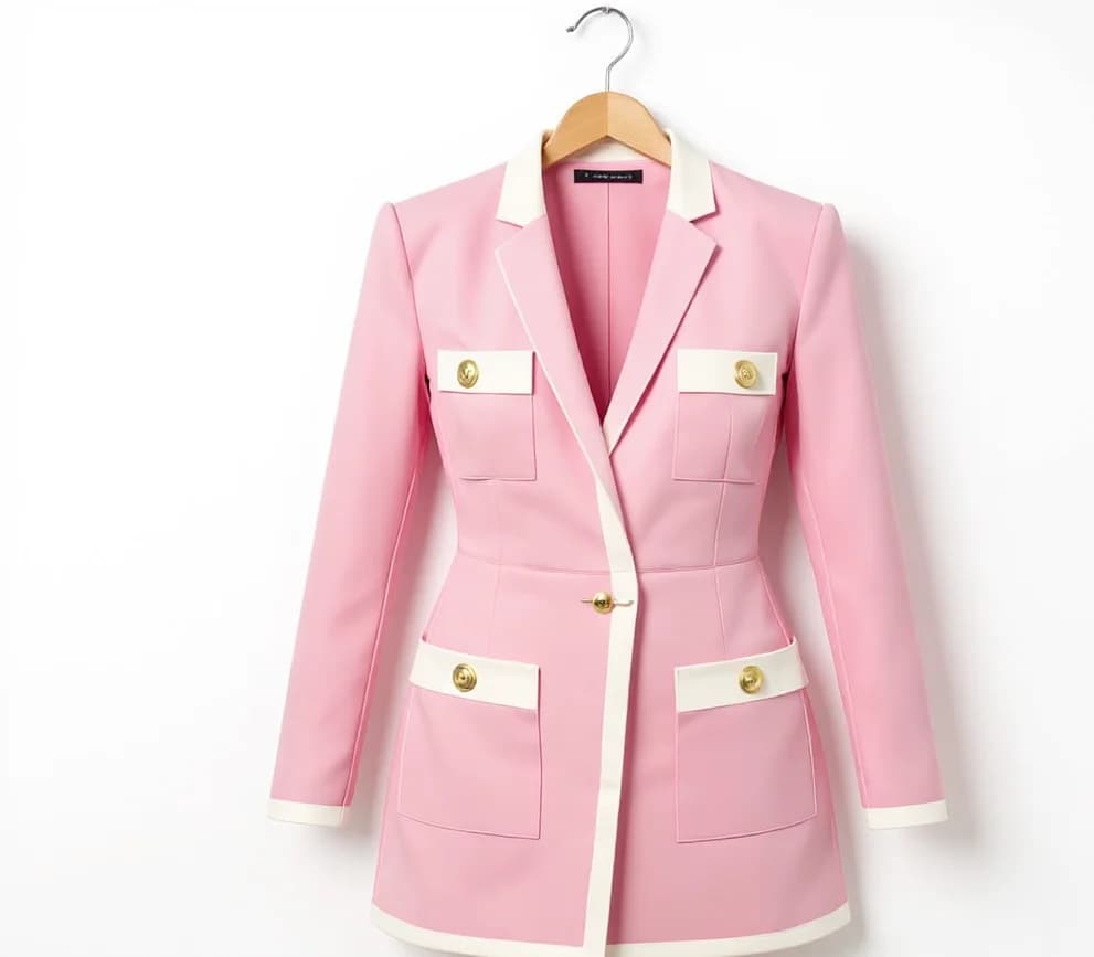 A professional photograph of a pink blazer hanging on a wooden hanger against a plain white background. The blazer features contrasting white trim details on the lapels, pockets, and bottom hem. It has four gold-colored metal buttons down the front and two large patch pockets on the lower portion. The blazer is structured with a notched lapel, long sleeves, and a tailored fit. The fabric is a smooth, matte material. The blazer is photographed straight-on, centered in the frame, with soft, even lighting that eliminates harsh shadows. The image has a clean, commercial product photography style with sharp focus throughout.