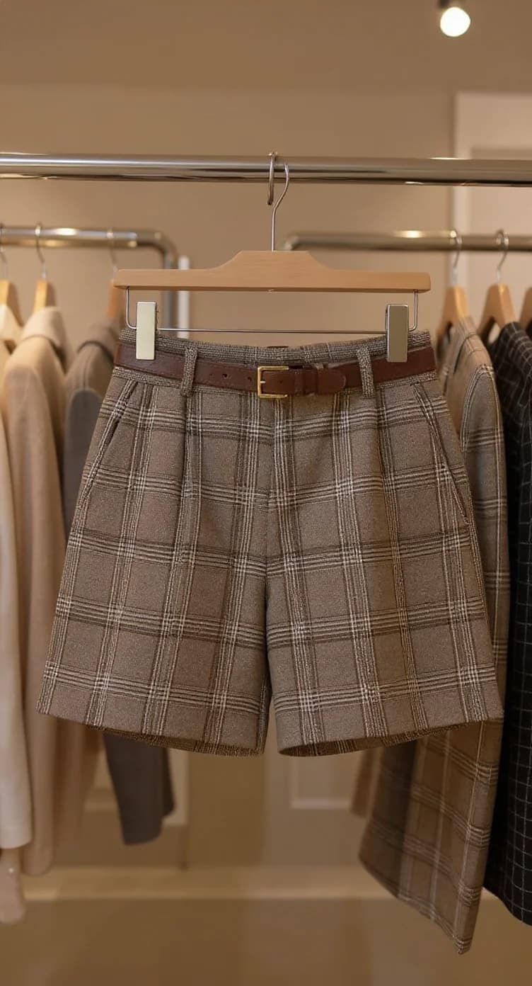 A high-quality product photograph of plaid wool shorts hanging on a wooden hanger against a clothing rack background. The shorts feature a brown and beige windowpane check pattern and are styled with a brown leather belt with a gold buckle. The shorts are knee-length with a tailored fit and pleated front pockets. The wooden hanger has a natural finish and metal clips. In the background, there are other garments hanging on chrome clothing rods, including a beige coat on the left and a dark colored garment on the right. The image has a warm, neutral color palette and is photographed in a retail or dressing room setting with soft, even lighting. The shorts are the central focus of the composition, positioned in the middle of the frame.