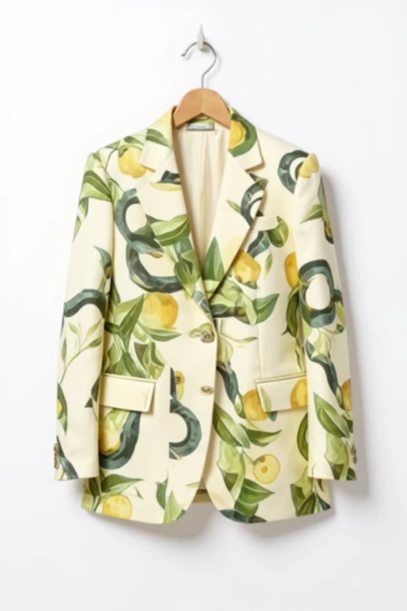 A white blazer with a vibrant botanical print pattern hanging on a wooden hanger against a white background. The blazer features a cream-colored base with large green leaves and yellow citrus fruits scattered across the fabric. The print pattern consists of elongated curved green leaves and round yellow lemons arranged in a repeating pattern. The blazer has traditional notched lapels, two front button closures, and flap pockets at the hip. The sleeves are long with buttoned cuffs. The fabric is a lightweight cotton or linen material. The blazer is photographed straight-on, displaying its full front view. The wooden hanger has a natural finish and silver-colored metal hook. The image has clean, professional studio lighting that highlights the details of the print pattern while casting subtle shadows beneath the garment.