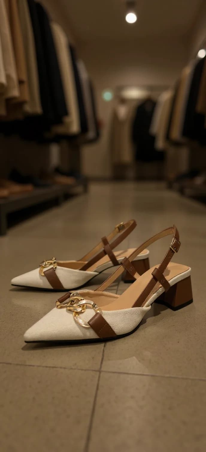 A product photography shot of a pair of slingback shoes on a polished concrete floor in a retail store. The shoes are cream-colored with brown leather slingback straps and decorative gold chain details across the front. The shoes have a low block heel in brown leather. The background shows blurred clothing racks with various garments hanging, creating depth of field. A recessed ceiling light creates a warm glow in the background. The shoes are positioned at a slight angle, with the toe pointing towards the left side of the frame. The concrete floor has a smooth, reflective surface that creates subtle reflections of the shoes. The overall image has a warm, moody atmosphere with professional retail lighting.