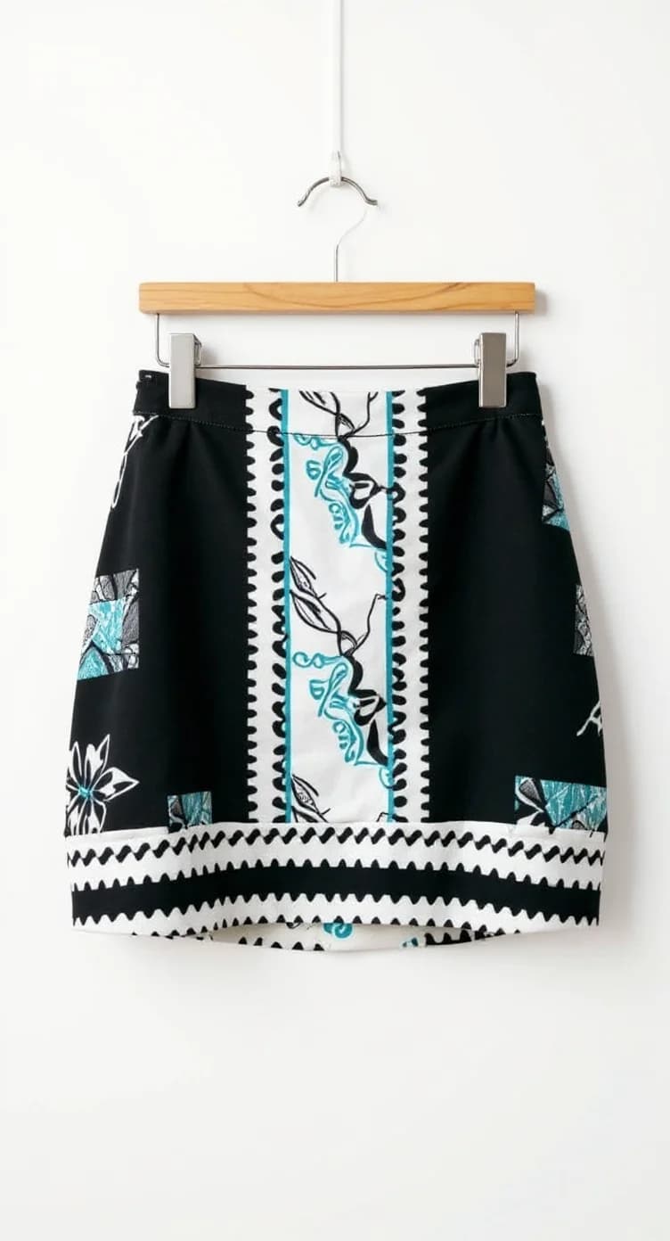 A black mini skirt hanging on a wooden hanger against a white background. The skirt features a distinctive pattern with a central white vertical stripe containing turquoise floral designs. The skirt has a black and white zigzag border at the bottom hem. The side panels of the skirt contain turquoise floral prints on a black background. The skirt is photographed straight-on, displaying its full length and pattern details. The wooden hanger is a natural light brown color with metal clips at the top. The image has a clean, minimalist composition with the skirt centered in the frame.