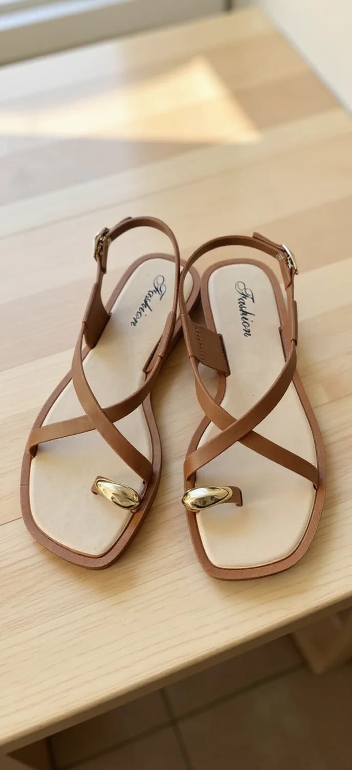 A pair of brown leather strappy sandals photographed on a light wooden surface. The sandals feature a crossover design with thin straps across the top and a toe loop. The straps are tan-colored leather with small gold-toned metal details at the toe and heel. The insoles are cream-colored leather with visible text on the footbed. The sandals are positioned at a slight angle, with the right sandal slightly behind the left. The wooden surface has a natural grain pattern and is a table. The lighting is soft and natural, creating subtle shadows beneath the sandals. The image is cropped to focus on the footwear, with the edges of the wooden surface visible but partially cut off.