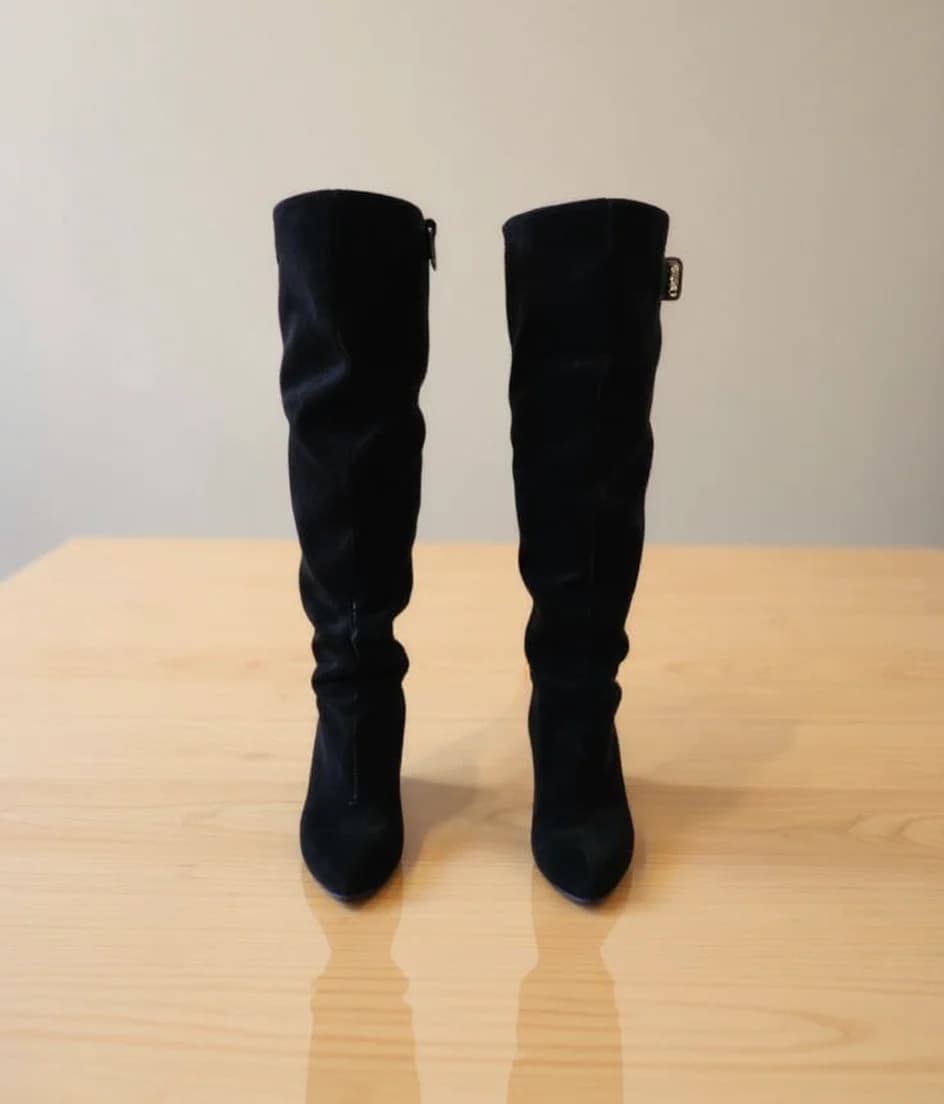 A product photo of a pair of black velvet knee-high boots positioned on a light wooden surface. The boots have a sleek, form-fitting design with a slight heel and a zipper closure on the back. The velvet material creates natural folds and creases in the fabric, giving the boots a luxurious texture. The boots are photographed straight-on against a plain off-white wall background. The wooden surface has a natural grain pattern visible in the light-colored wood. The boots cast subtle shadows on the wooden surface, and there is a slight reflection visible beneath them. The image is well-lit with soft, even lighting that highlights the rich black color and sheen of the velvet material.