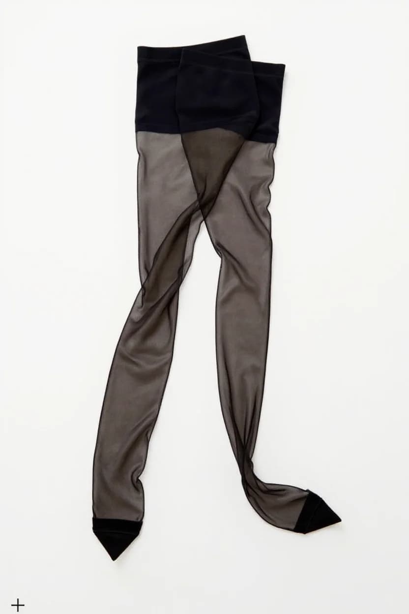 A product photo of a pair of black and gray sheer tights laid flat against a white background. The tights are positioned vertically, with the right leg slightly overlapping the left. The top portion of the tights is solid black, transitioning into a semi-transparent gray mesh material that extends down the leg. The toe area is reinforced with a solid black band. The tights are photographed from a straight-on angle, showing the full length from waistband to toe. The fabric has a subtle sheen and drapes naturally, creating soft folds in the material. The image has clean, minimalist styling with sharp focus and even lighting that highlights the texture and transparency of the garment.