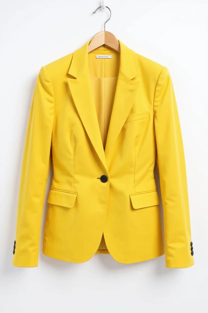 A bright yellow blazer hanging on a wooden hanger against a plain white background. The blazer has a single black button closure, notched lapels, and two front flap pockets. The jacket is well-pressed with clean lines and a structured silhouette. The sleeves are long with black buttons at the cuffs. The blazer is photographed straight-on, displaying its full front view. The fabric is a smooth, matte material suitable for business or formal wear. The wooden hanger has a natural finish and silver metal hook. The image is well-lit with no shadows, creating a clean, professional product photography aesthetic.