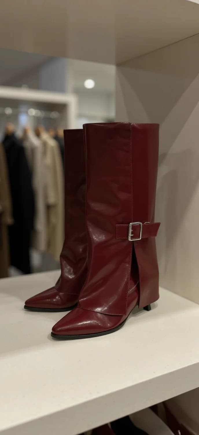 A high-quality product photograph of burgundy leather boots displayed on a white retail shelf. The boots are knee-high with a pointed toe and feature a distinctive buckle strap across the ankle. The boots have a modern, asymmetrical design with a side slit and structured panels. The leather has a smooth, polished finish that reflects light. In the background, there are blurred clothing racks with dark and light colored garments hanging. The image has a shallow depth of field, with the boots in sharp focus while the background is softly blurred. The lighting is bright and even, creating subtle shadows beneath the boots on the white display surface. The boots are positioned at a slight angle, showing both the side profile and front of the footwear.