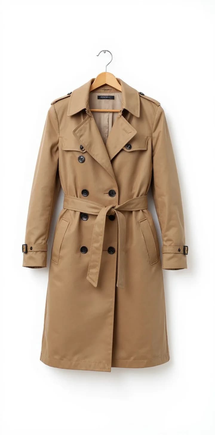 A professional product photograph of a classic khaki trench coat hanging on a wooden hanger against a pure white background. The coat features a double-breasted front with black resin buttons, wide lapels, and a matching fabric belt tied at the waist. The coat has traditional trench coat details including shoulder epaulettes, side pockets with flaps, and adjustable cuffs with button closures. The sleeves have visible buttoned cuffs and the coat extends to mid-thigh length. The fabric is a smooth, water-resistant material with a slight sheen. The coat is perfectly centered on the wooden hanger, which has a natural light brown finish. The lighting is even and professional, casting no harsh shadows, creating a clean commercial product shot.
