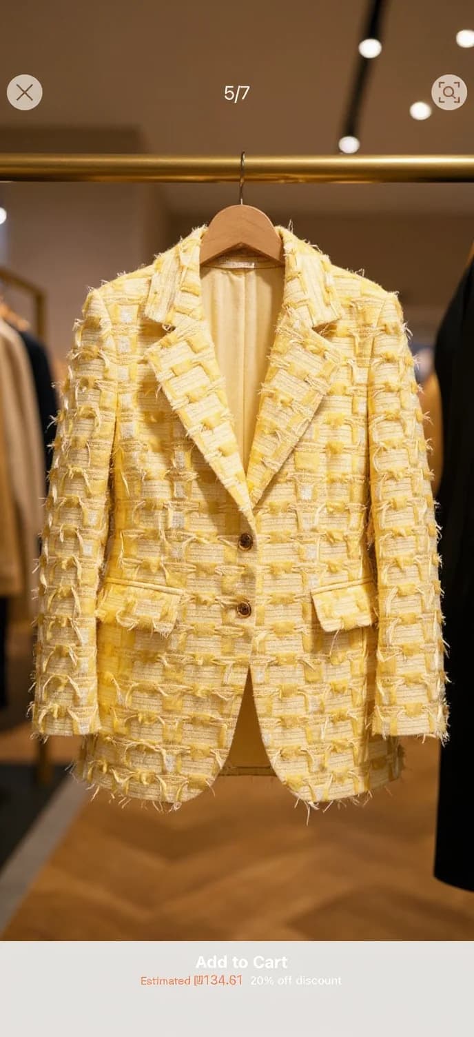 The product is a yellow textured blazer with a woven or tweed-like pattern. It features a notched lapel collar, two front buttons, and flap pockets on each hip. The fabric has a frayed, unfinished edge detail along the hem, collar, and pocket flaps, giving it a slightly distressed look. The blazer appears to be fitted with a slightly tailored silhouette.. A high-end yellow tweed blazer hanging on a wooden hanger in a retail clothing display. The blazer features a textured, frayed pattern throughout its fabric, creating a distressed, artisanal look. The jacket has notched lapels, two brown buttons, and a single breast pocket. The blazer is photographed against a blurred retail store background with warm lighting from ceiling-mounted spotlights. The image has a "5/7" top corner indicator and "Add to Cart" interface text at the bottom. The blazer's construction shows precise tailoring with clean lines and structured shoulders. The fabric has a natural, handcrafted appearance with visible weave patterns and subtle variations in the yellow coloring.