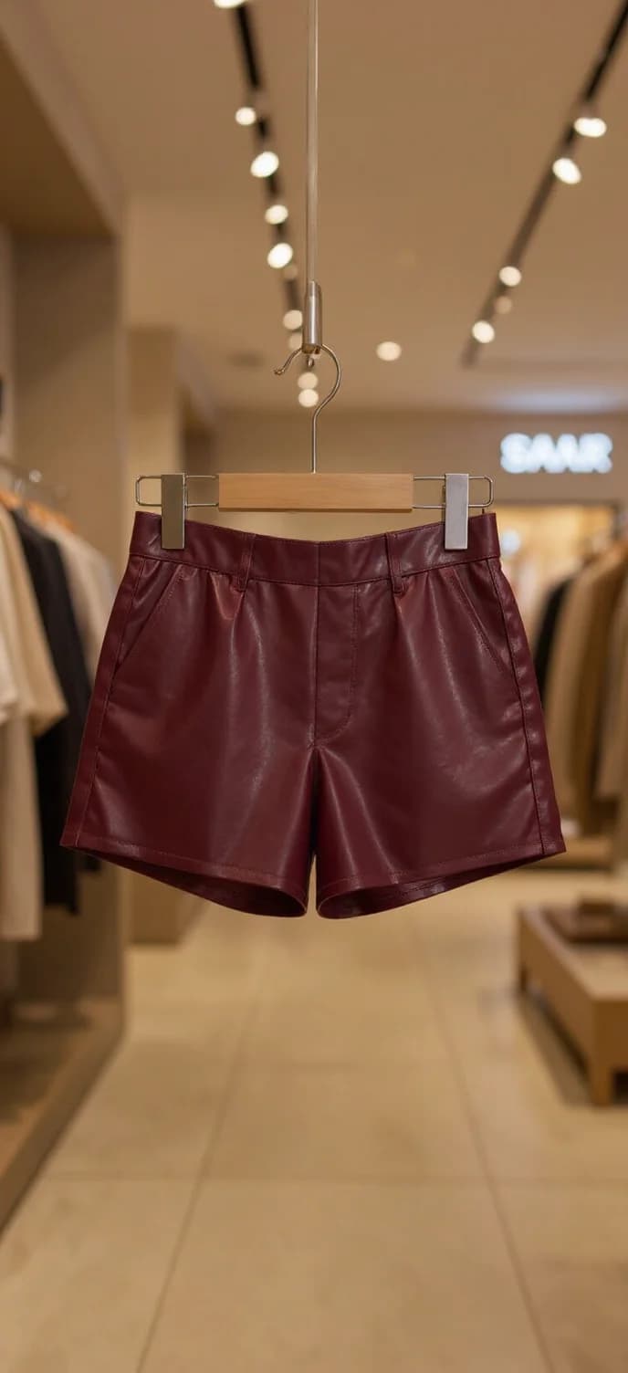 A product photography shot of burgundy leather shorts hanging on a wooden hanger in a retail clothing store. The shorts are displayed in a minimalist retail environment with track lighting on the ceiling creating warm illumination. The shorts feature a high waist, straight-leg cut, and front pockets. The background is softly blurred, showing beige walls and clothing racks with other garments visible but out of focus. The floor is light-colored tile. The lighting creates subtle reflections on the smooth leather surface of the shorts. The hanger is a natural wood tone with metal clips on either side. The image has a shallow depth of field, with the shorts in sharp focus while the store interior remains pleasantly blurred.