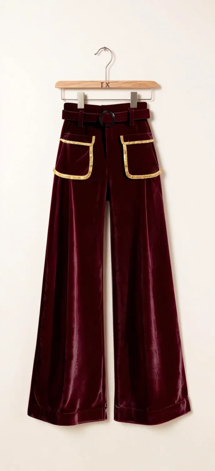 A pair of burgundy velvet wide-leg pants hanging on a wooden hanger against a plain white background. The pants feature two large front patch pockets trimmed with gold-colored metallic piping. A matching burgundy belt with a silver buckle is attached to the waistband. The pants have a high-waisted design with pleats running down the front. The fabric has a luxurious sheen characteristic of velvet material. The pants are cropped in length, ending above the ankle. The wooden hanger is a standard silver metal hook design with a light wooden top bar. The image is well-lit with soft, even lighting that highlights the rich burgundy color and the metallic accents of the pockets and belt.