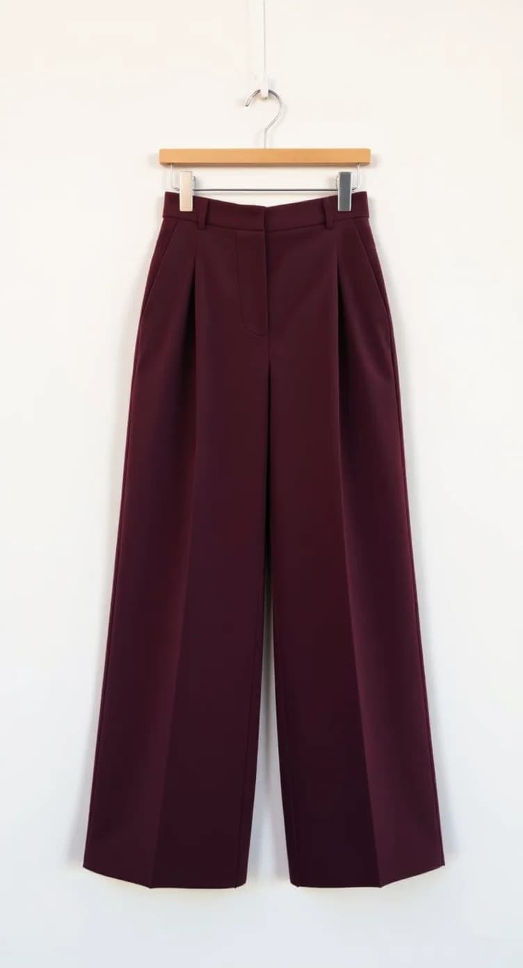A product photo of burgundy-colored wide-leg cropped pants hanging on a wooden hanger against a plain white background. The pants feature clean pleats down the front, side pockets, and end at ankle length. The fabric is a structured, medium-weight material with a subtle sheen. The pants are photographed straight-on, centered in the frame, with the wooden hanger's natural brown tone visible at the top. The lighting is even and soft, creating minimal shadows. The pants maintain crisp lines and a tailored silhouette throughout their length.