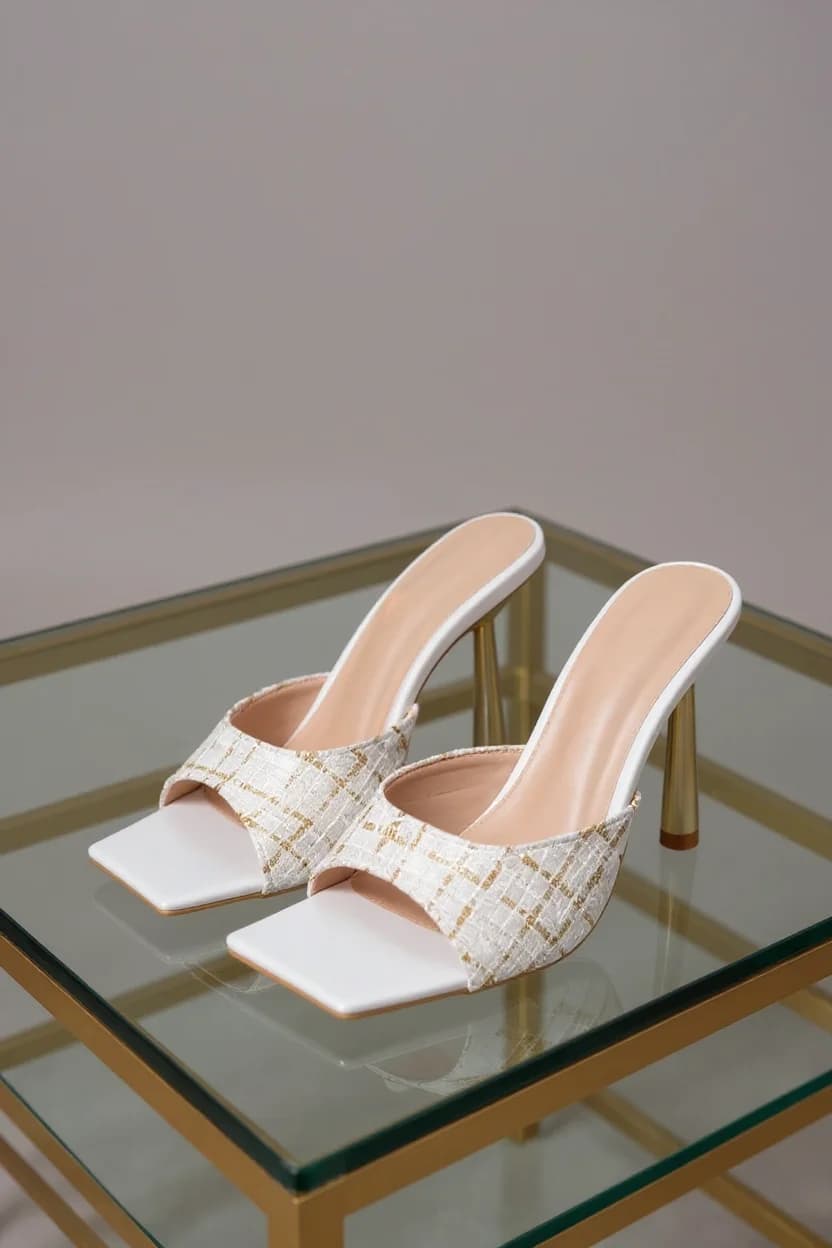 A product photograph of white high-heeled mules on a glass and gold metal table against a light gray background. The shoes feature a square toe design with a white leather base and a decorative bow made of white and gold tweed fabric across the top. The heels are tall and slim, with a metallic gold finish. The shoes are positioned at a slight angle on the glass surface, which reflects subtle shadows. The glass table has a gold-colored metal frame visible at the edges. The image has a clean, minimalist aesthetic with soft, even lighting that highlights the shoes' details and creates subtle reflections on the glass surface.