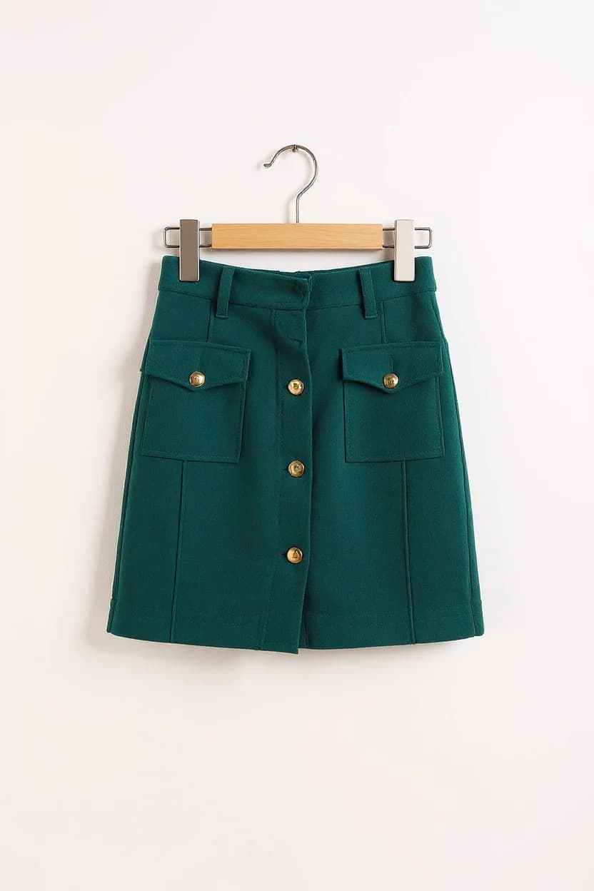 A product photo of a dark emerald green mini skirt hanging on a wooden hanger against a plain white background. The skirt features two large patch pockets on the front, each secured with gold-toned metal buttons. The skirt has a button-down front closure with 6 visible gold-toned buttons. The skirt is made of a structured fabric with a slight sheen. The waistband has a subtle pleat detail, and the skirt maintains a straight cut from the waist to mid-thigh length. The wooden hanger has a silver metal hook at the top and is a standard clothing hanger with metal clips on the sides. The image is well-lit with soft, even lighting that highlights the rich green color and metallic hardware details.