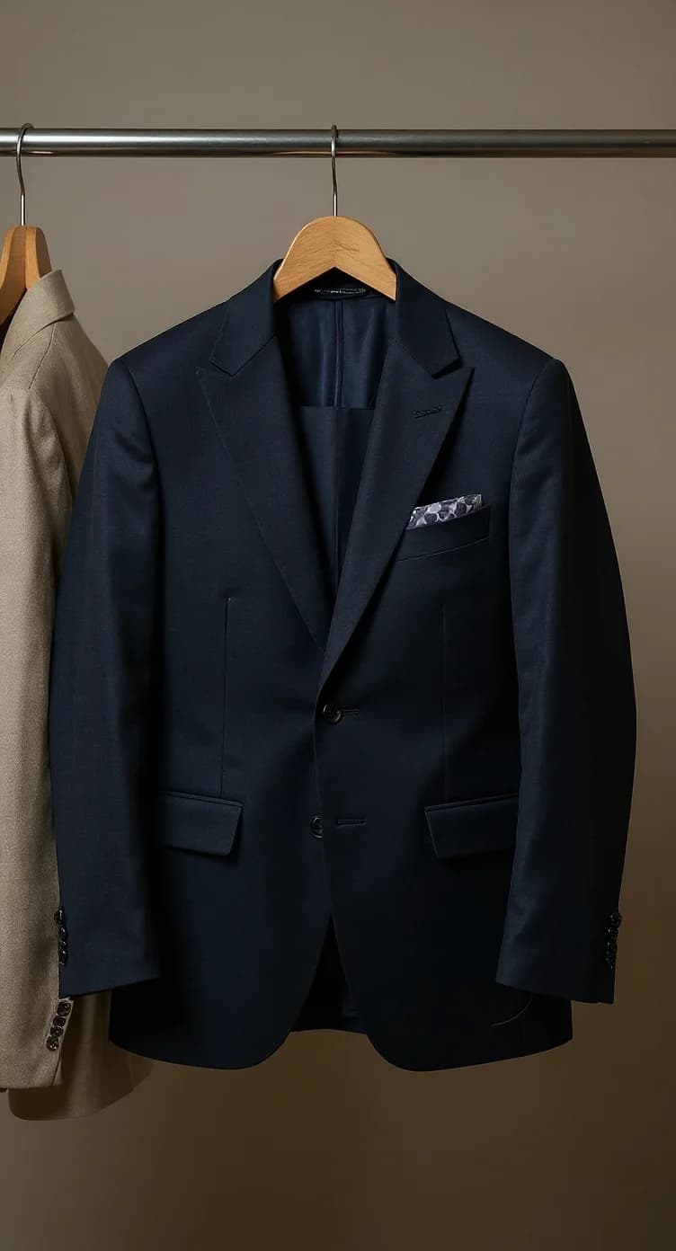 A professional photograph of a navy blue suit jacket hanging on a wooden hanger against a neutral brown background. The suit jacket is made of high-quality wool with a subtle sheen and features notched lapels, two front buttons, and welted pockets. A light-colored pocket square with a subtle pattern is visible in the breast pocket. The jacket is perfectly pressed with clean lines and sits on a metal clothing rod. A partial view of another garment in a light beige color is visible on the left edge of the frame. The lighting is soft and even, creating subtle shadows that highlight the texture of the fabric. The image has a sophisticated, minimalist composition with the dark blue jacket as the central focus.