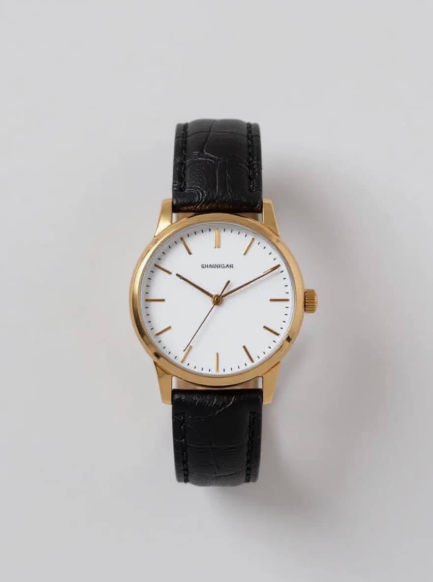A minimalist wristwatch photographed on a plain light gray background. The watch has a gold-toned round case with a white dial face. The watch face features simple gold-toned hour markers and hands. The text "SHANNON" is in small gold letters at the 12 o'clock position. The watch is fitted with a black leather strap with a crocodile-textured pattern and visible stitching along the edges. The leather strap has a subtle sheen and is 20mm wide. The watch case has a slim profile and is 38mm in diameter. The image is shot from directly above, creating a clean, professional product photograph with soft, even lighting that casts a subtle shadow beneath the watch.
